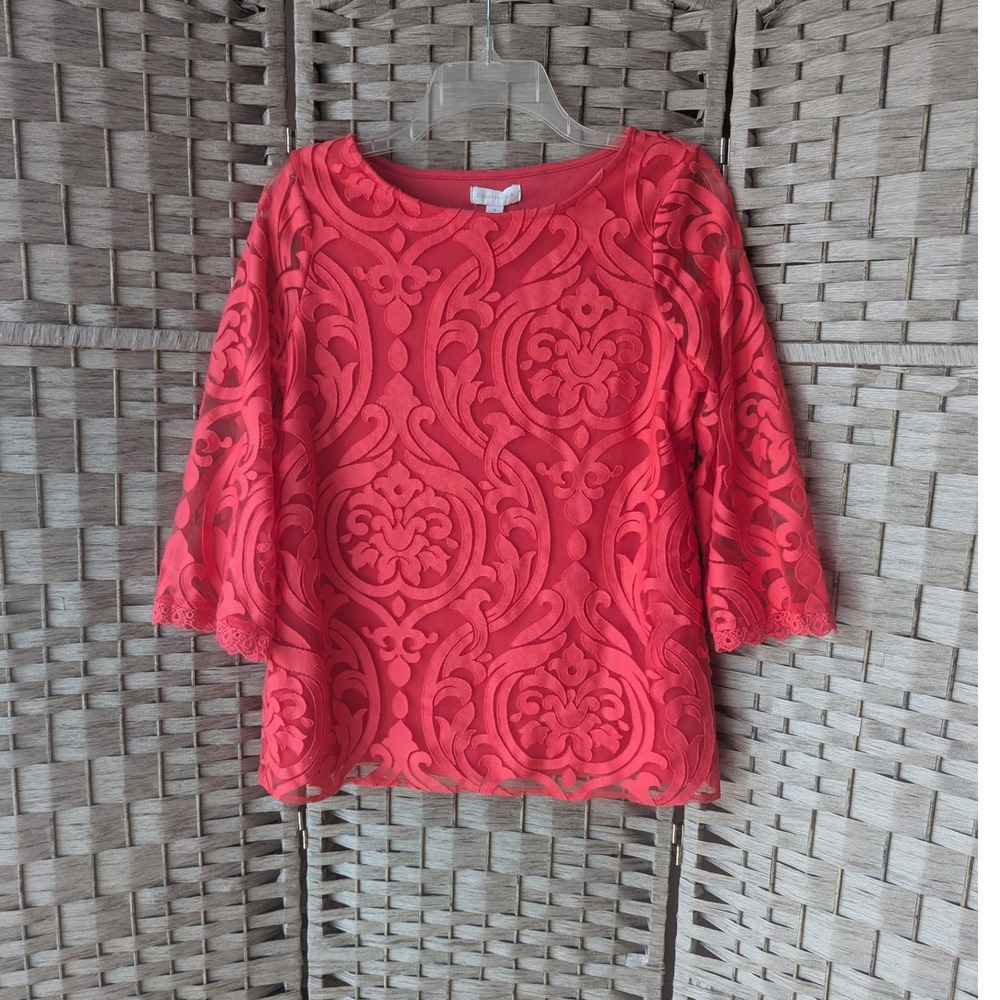 Blouse Red Damask Burnout Lace Sz S Sheer Sleeve Bright Feminine Office Elegant
